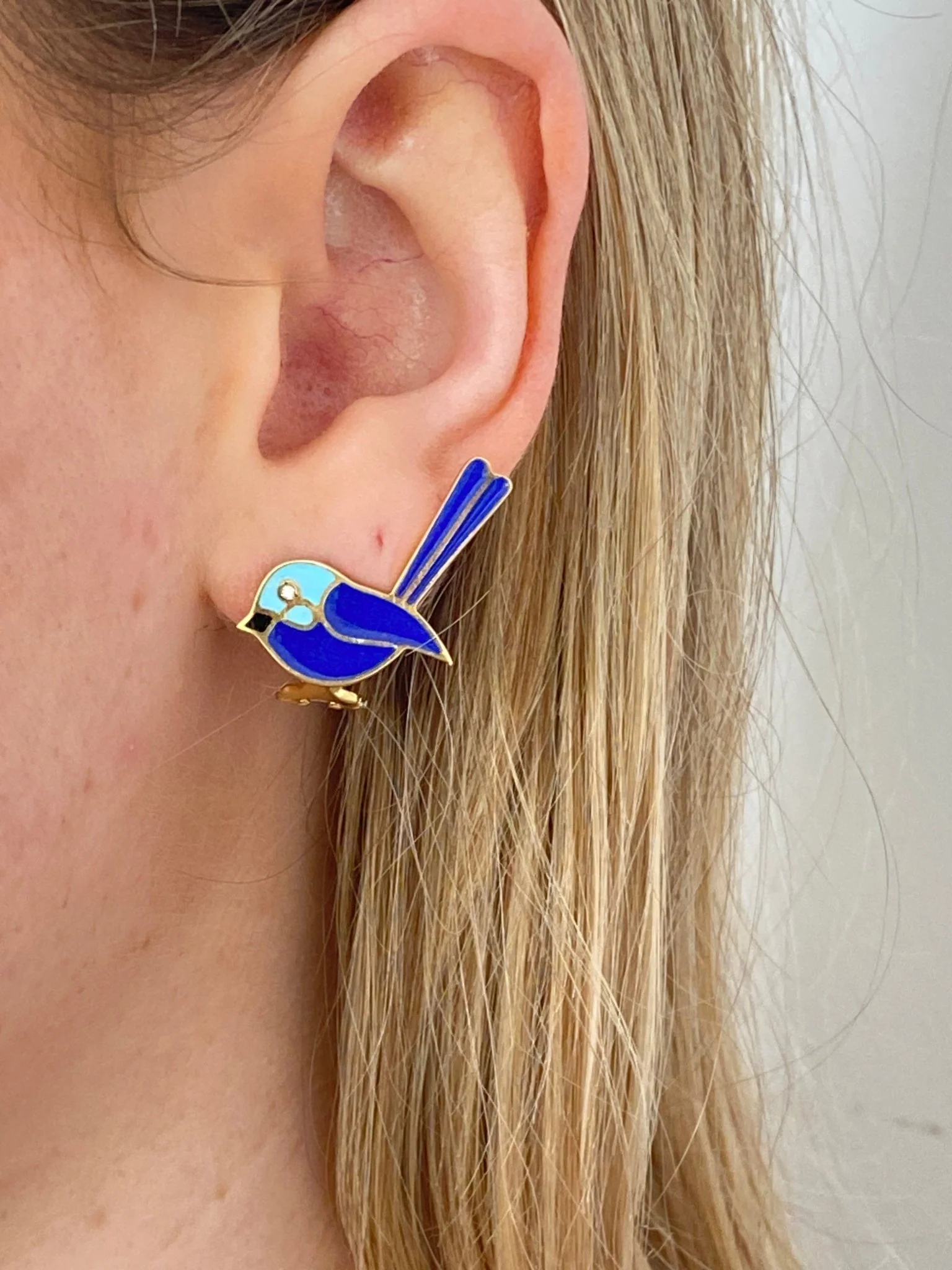 Diamond & Enamel Bluebird Earrings - Image 3