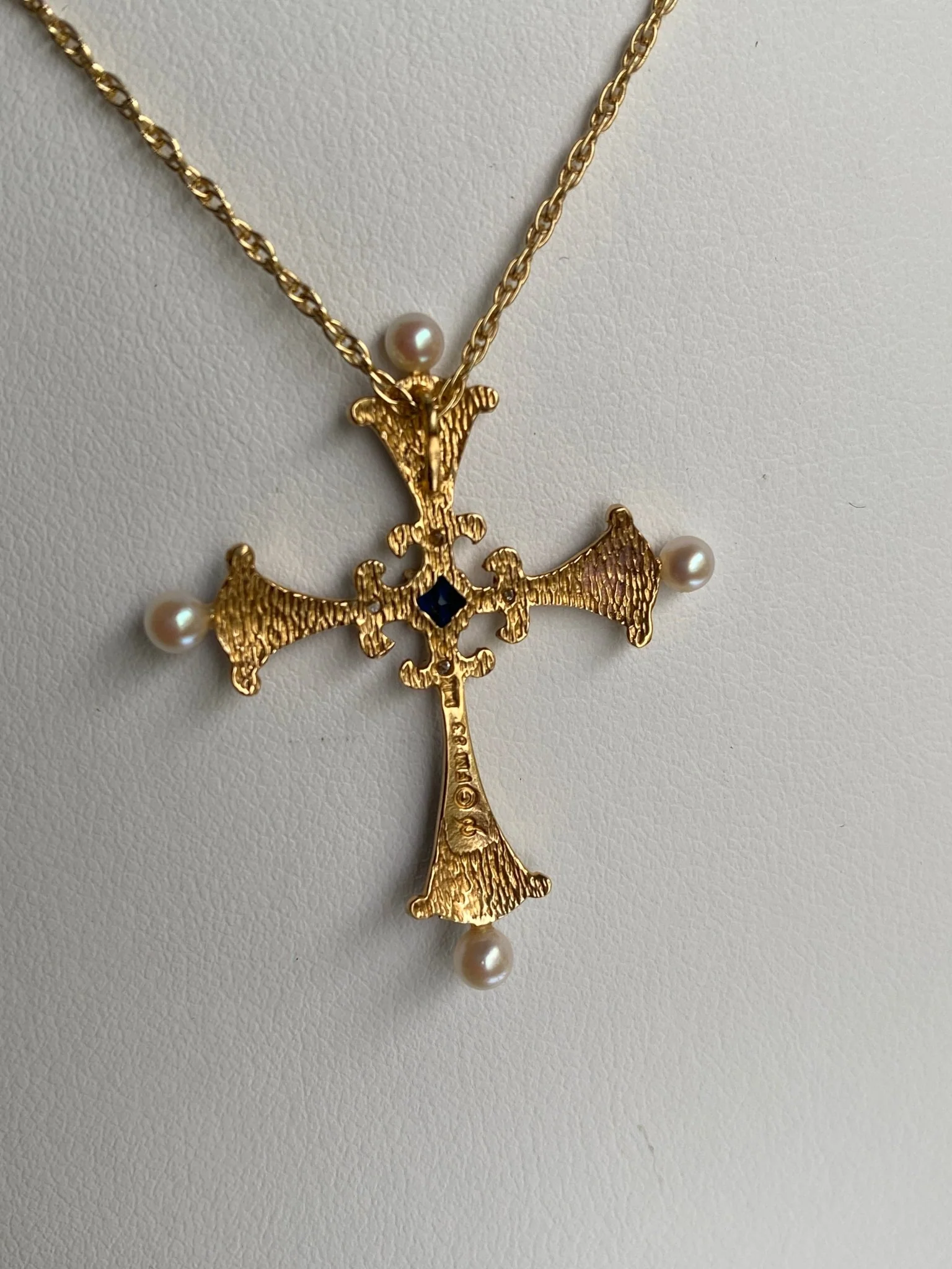 Modern Enamel, Sapphire & Pearl Cross, Franklin Mint - Image 3