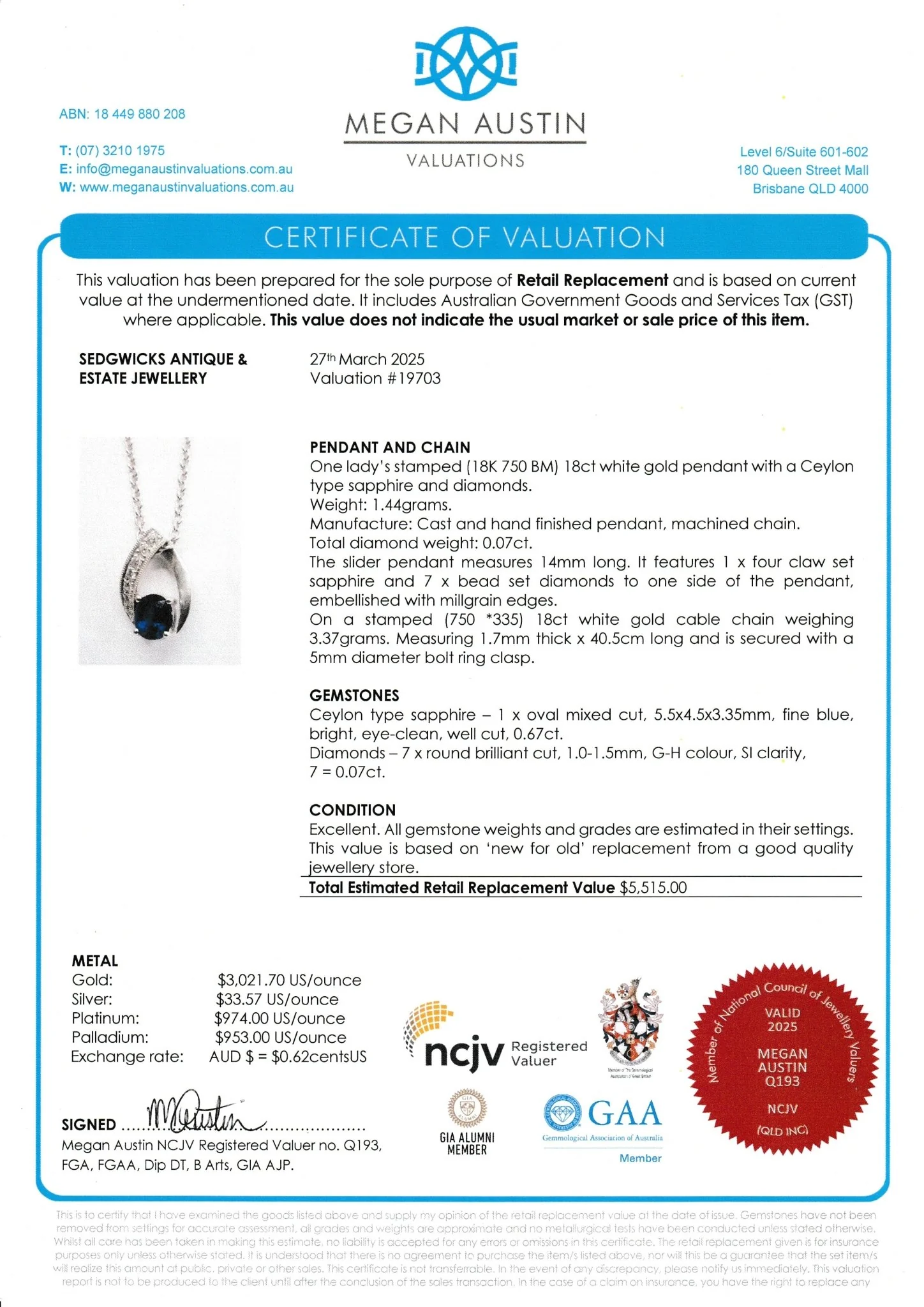 Sapphire and Diamond Pendant on Chain - Image 3