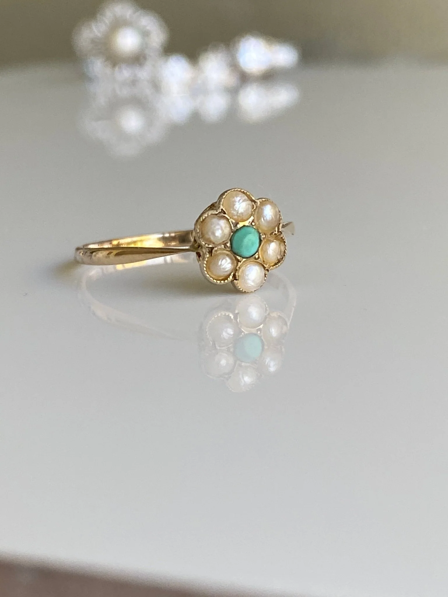 Antique Pearl & Turquoise Cluster Ring - Image 3
